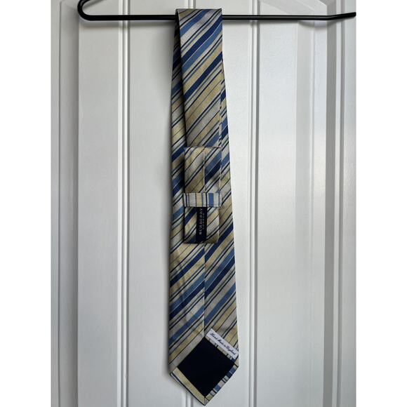 Burberry London Blue, Yellow, and Cream Striped Designer Tie Silk Necktie - Picture 2 of 2